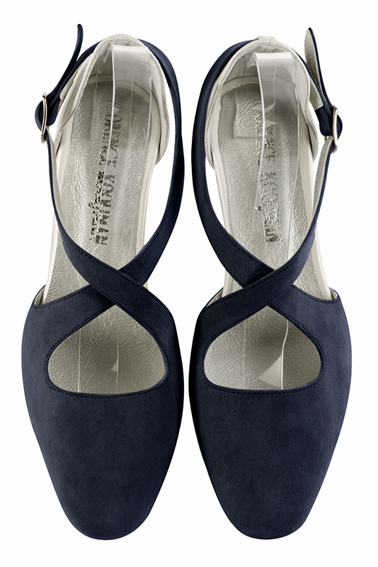 Navy blue and off white women's open side shoes, with crossed straps. Round toe. Low comma heels. Top view - Florence KOOIJMAN